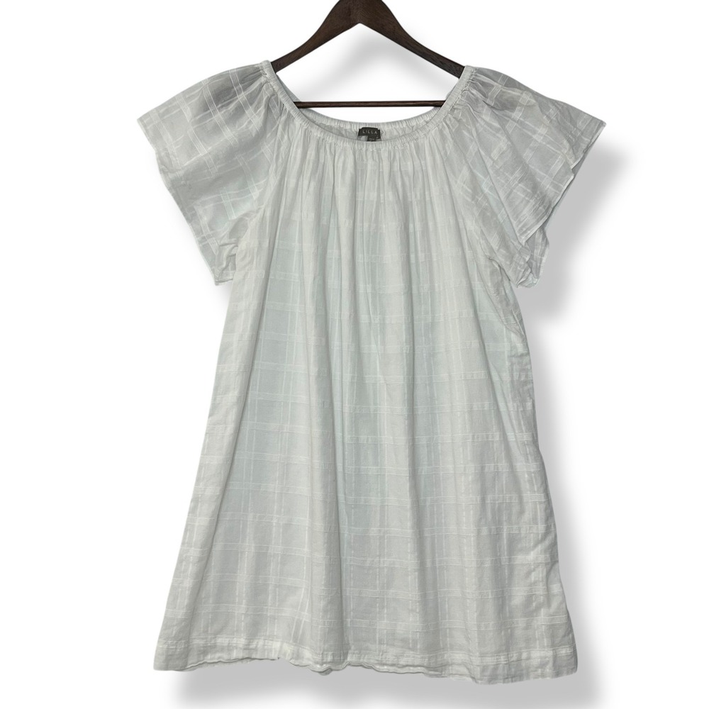 Lilla P Dress M White Cotton Linen‎ Flutter Sleeve Raglan Beach Prairie Ethereal
